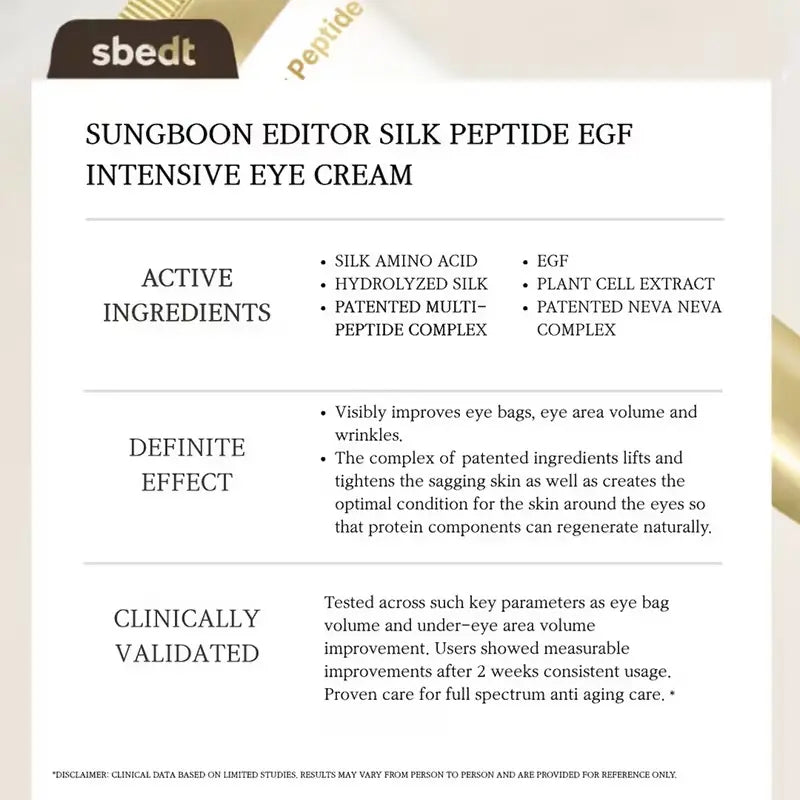 Sungboon Editor SILK PEPTIDE EGF INTENSIVE EYE CREAM at Casa de Ella Mexico